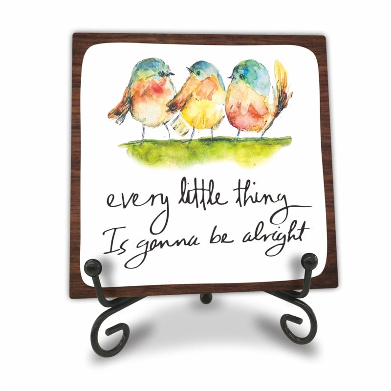 Tabyon 4"" Wooden Sign With A Metal Support - Every Little Thing Is Gonna Be Alright - Watercolor Adorable Birds  Positive Quotes Wooden Plaque Desk Decor  Uplifting Gifts  Home Decorations & Gifts - A20 - Image 1